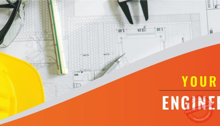 Construction plans with helmet and drawing tools on blueprints .